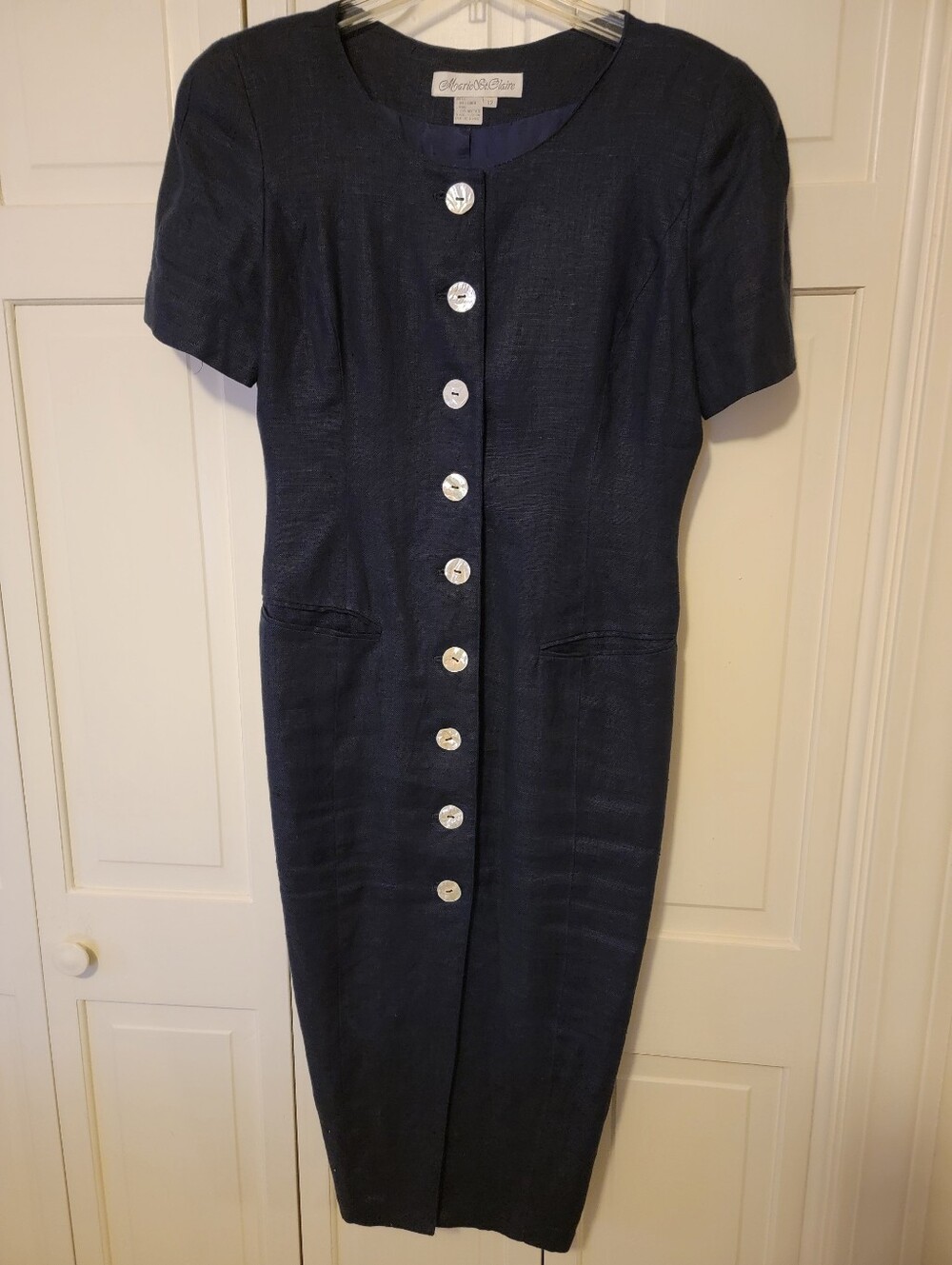 Marie St. Claire Navy Button-Front Midi Dress with Silver Buttons Size 12 EUC